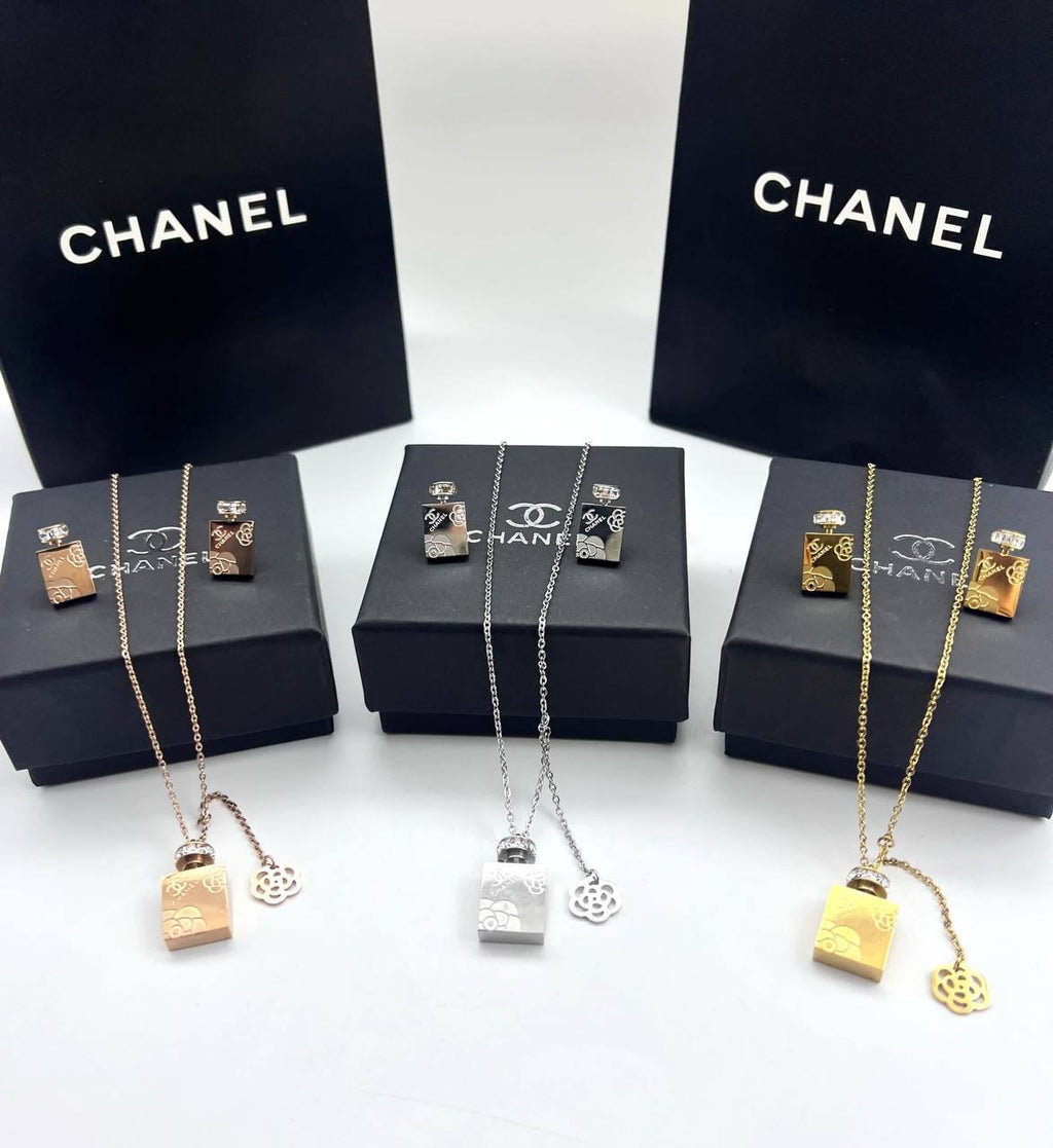 Chanel No. 5 Miniature Perfume Bottle Pendant Necklace and Earring Gift Set AAA Quality Reps UK