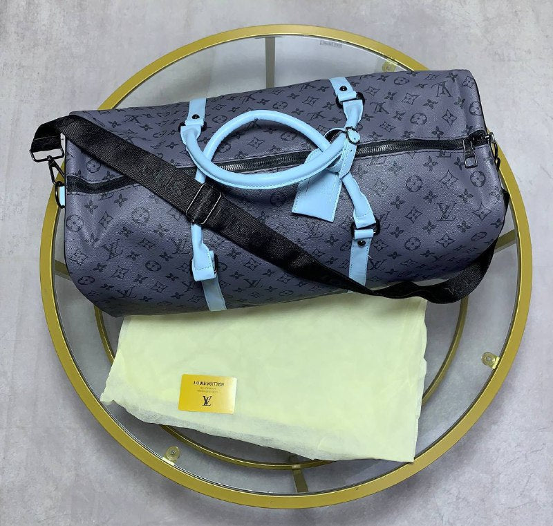 Louis Vuitton Keepall Bandouliere 55 - Monogram Eclipse Reverse with Turquoise Leather Trim UK Reps AAA Quality
