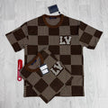 Louis Vuitton Short-Sleeved Cotton Damier Crewneck with Crystal LV Patch UK Reps AAA Quality