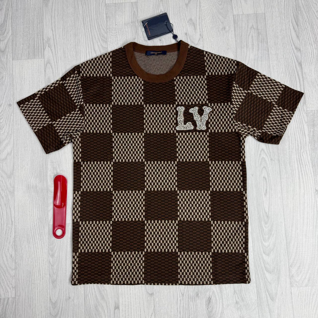 Louis Vuitton Short-Sleeved Cotton Damier Crewneck with Crystal LV Patch UK Reps AAA Quality