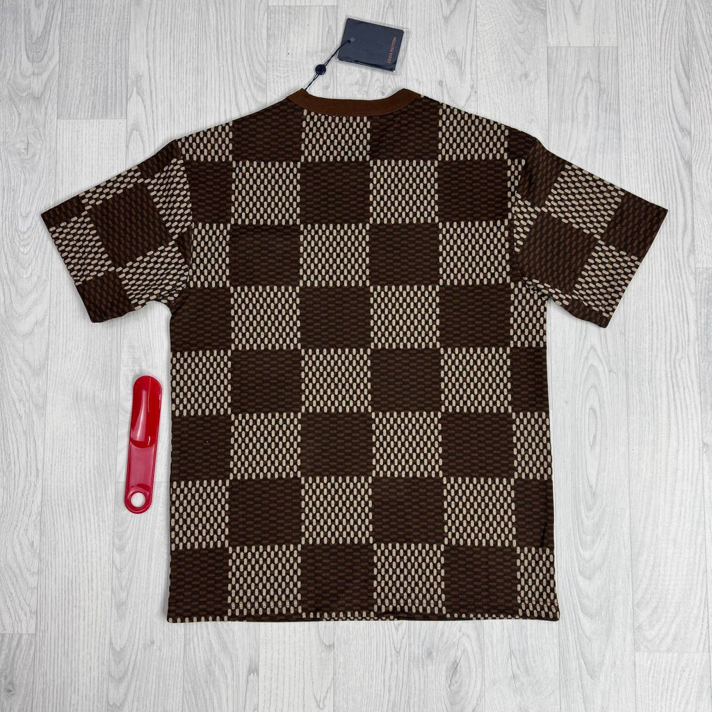 Louis Vuitton Short-Sleeved Cotton Damier Crewneck with Crystal LV Patch UK Reps AAA Quality