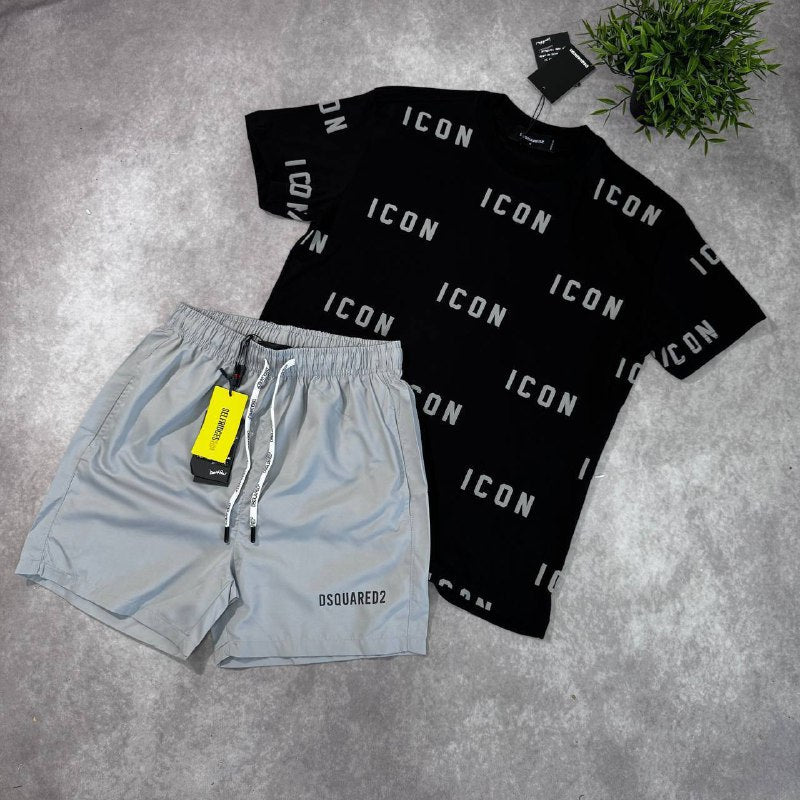 Dsquared2 'ICON' All-Over Print T-Shirt and Swim Shorts Summer Set AAA Quality Reps UK