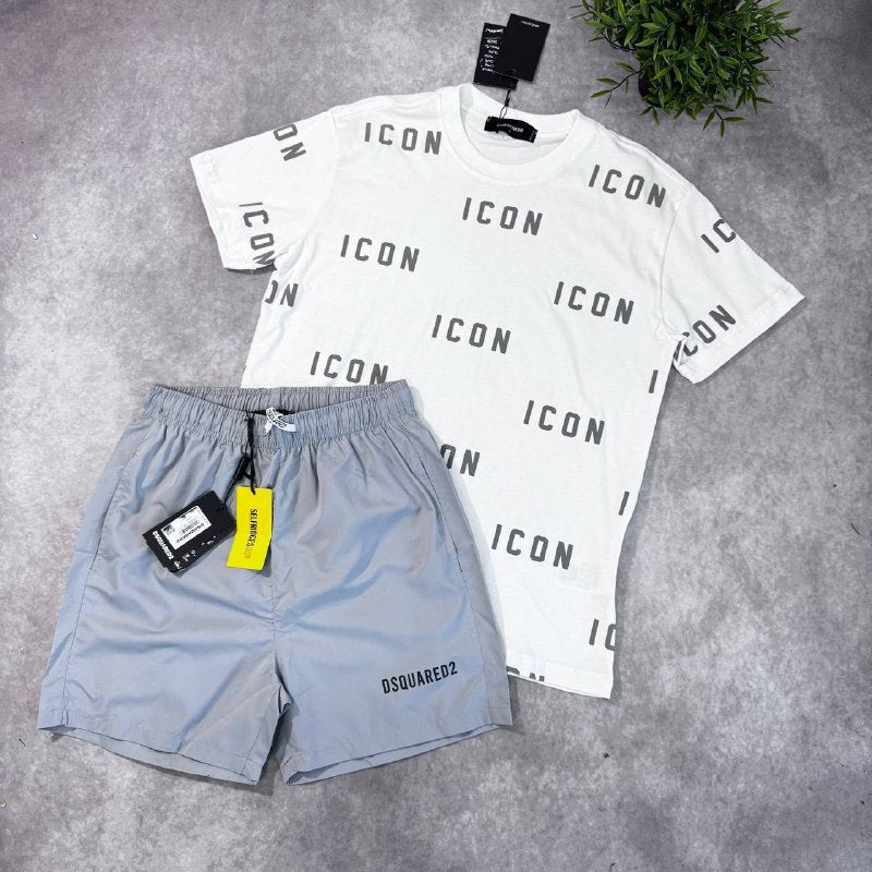 Dsquared2 'ICON' All-Over Print T-Shirt and Swim Shorts Summer Set AAA Quality Reps UK