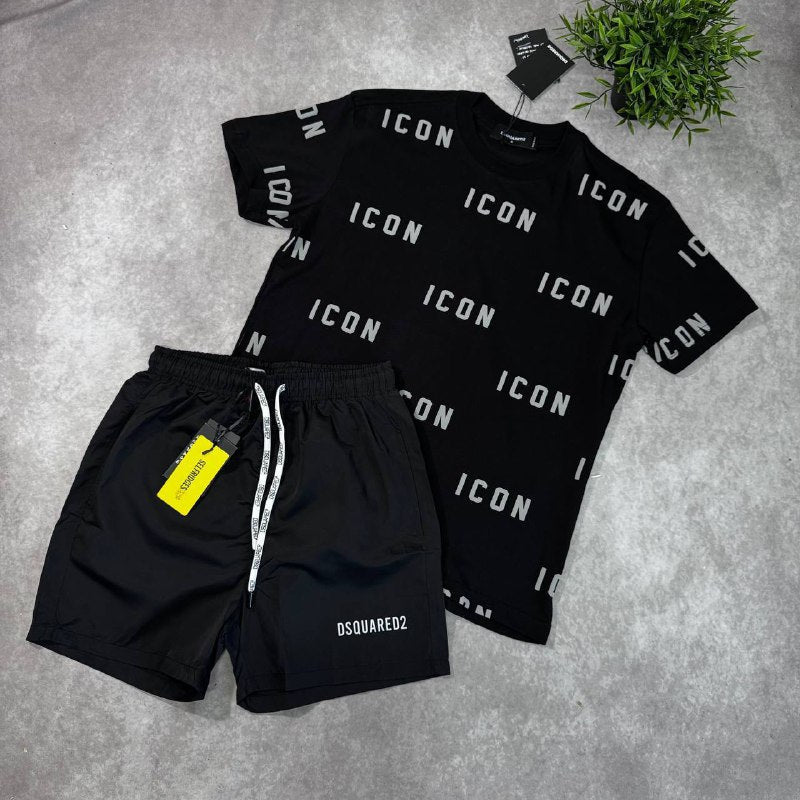Dsquared2 'ICON' All-Over Print T-Shirt and Swim Shorts Summer Set AAA Quality Reps UK