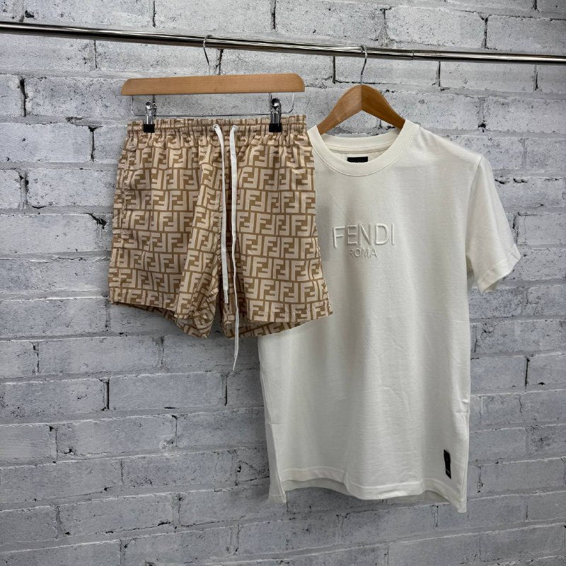 Fendi Men's Luxury Zipper Pocket Tee & Monogram Swim Shorts AAA Quality Reps UK