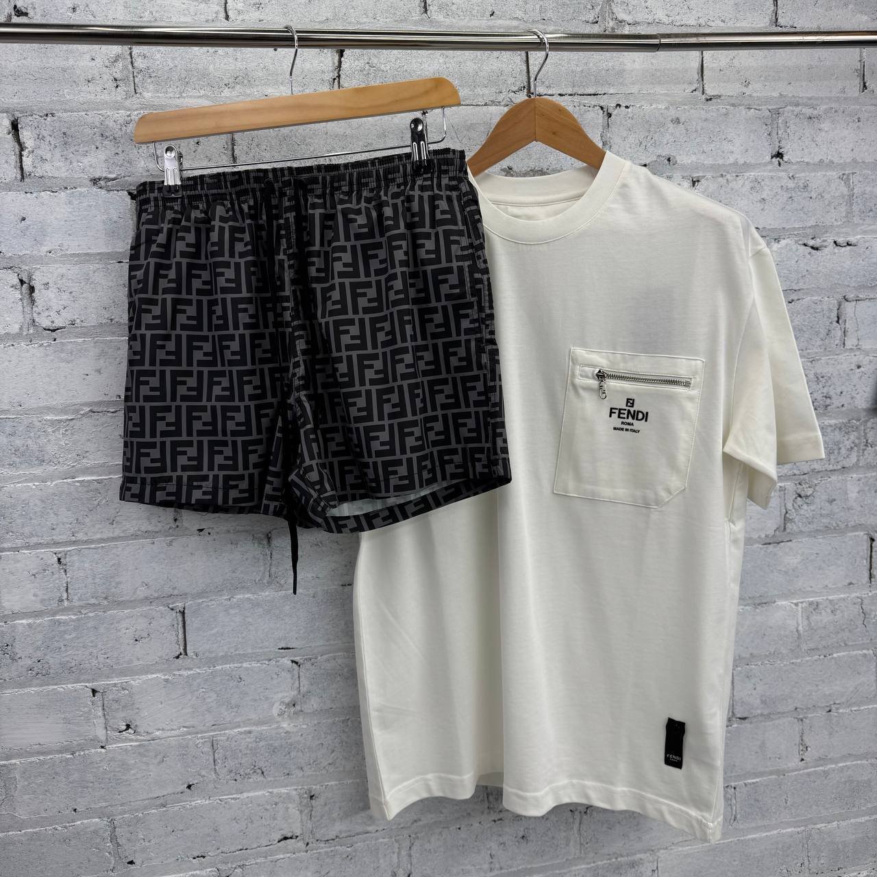 Fendi Men's Luxury Zipper Pocket Tee & Monogram Swim Shorts AAA Quality Reps UK