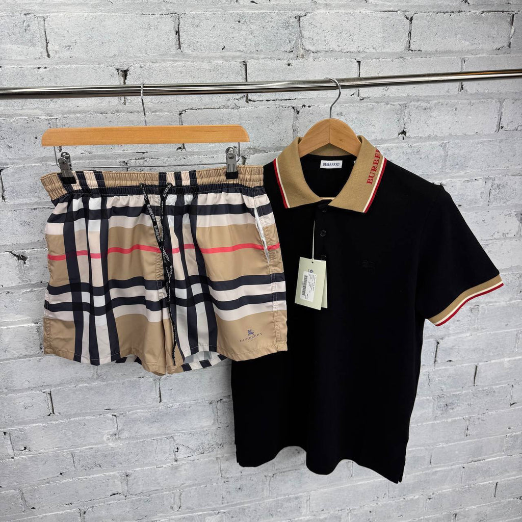 Burberry Men's Intarsia Logo Polo Shirt & Vintage Check Swim Trunks Set AAA Quality Reps UK