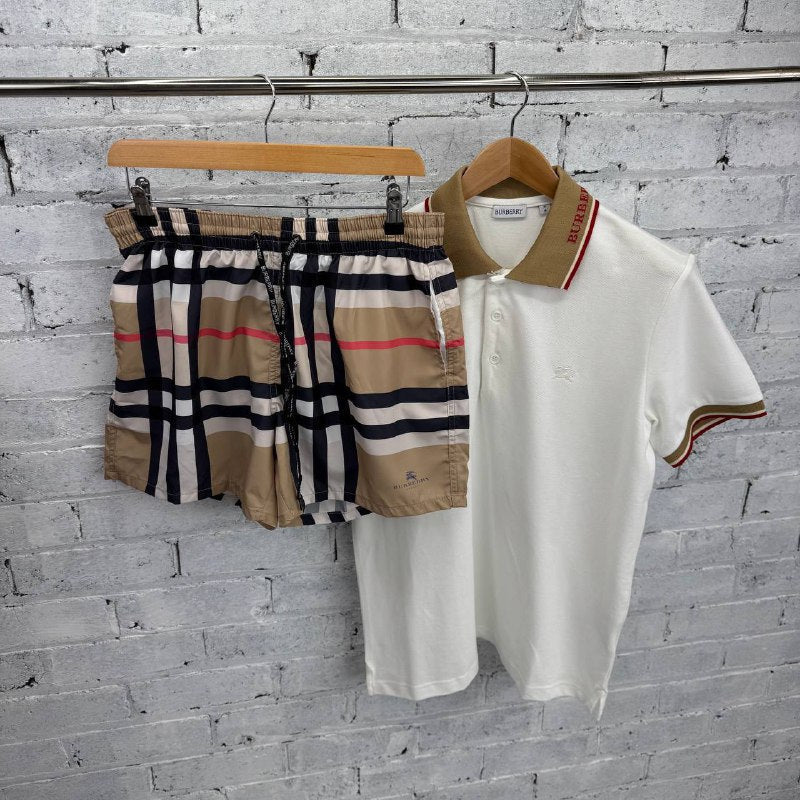 Burberry Men's Intarsia Logo Polo Shirt & Vintage Check Swim Trunks Set AAA Quality Reps UK