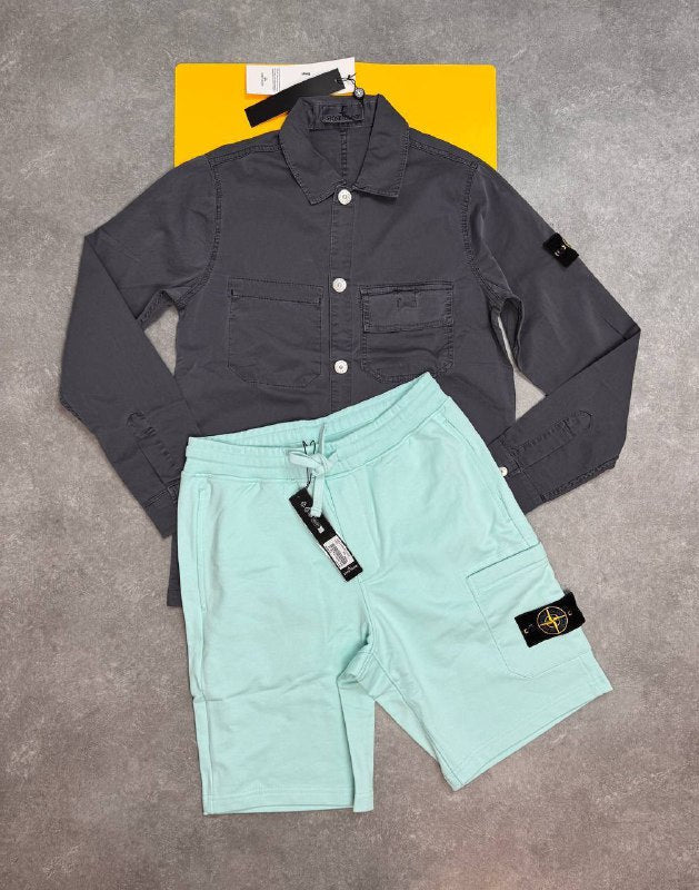 Stone Island Men's Garment-Dyed Compass Patch Overshirt & Fleece Shorts Set AAA Quality Reps UK