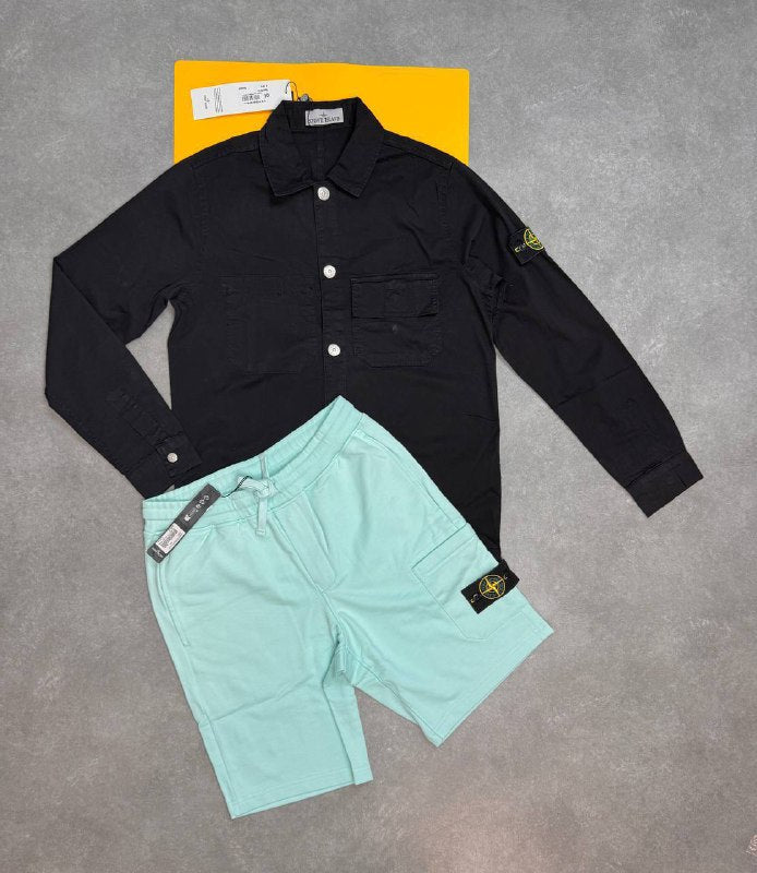 Stone Island Men's Garment-Dyed Compass Patch Overshirt & Fleece Shorts Set AAA Quality Reps UK