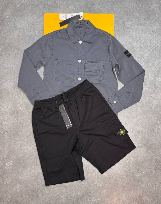 Stone Island Men's Garment-Dyed Compass Patch Overshirt & Fleece Shorts Set AAA Quality Reps UK