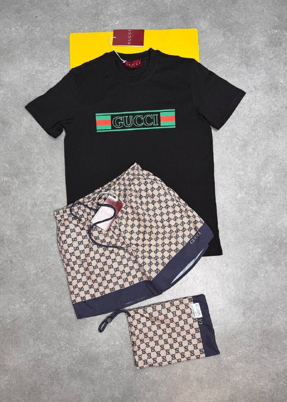 Gucci Men's Web Stripe Banner Logo Tee & GG Supreme Swim Shorts Set AAA Quality Resp UK