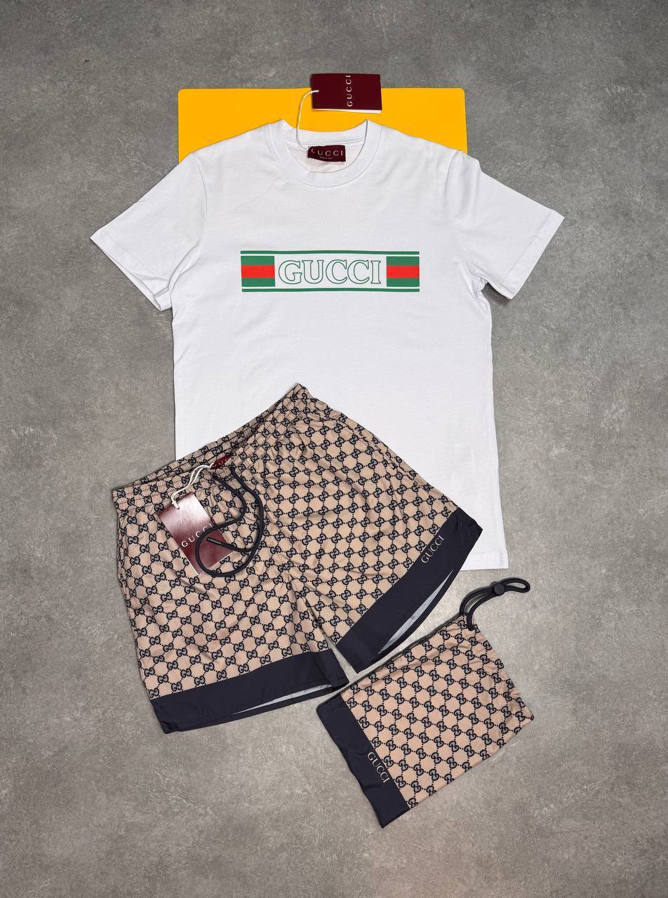 Gucci Men's Web Stripe Banner Logo Tee & GG Supreme Swim Shorts Set AAA Quality Resp UK