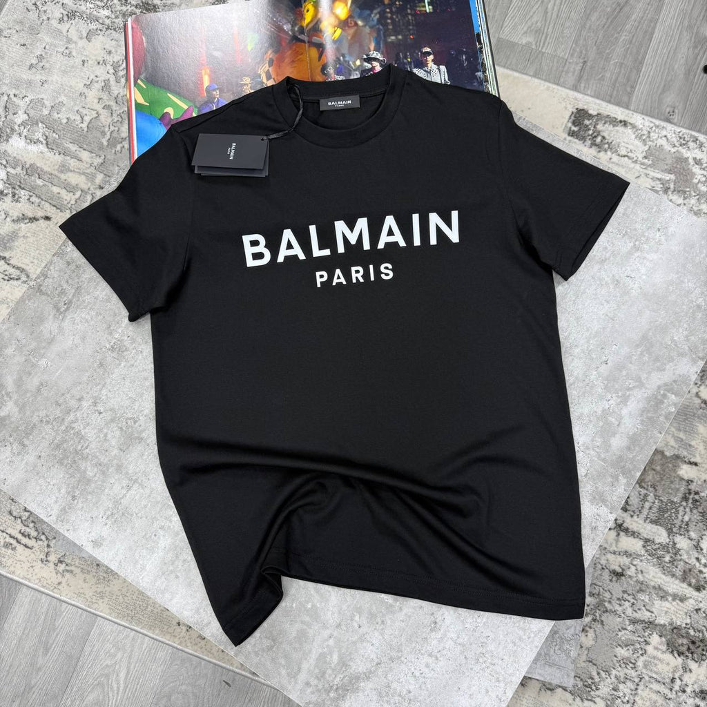 Balmain Paris Logo Print Cotton T-Shirt in Black UK Reps AAA Quality
