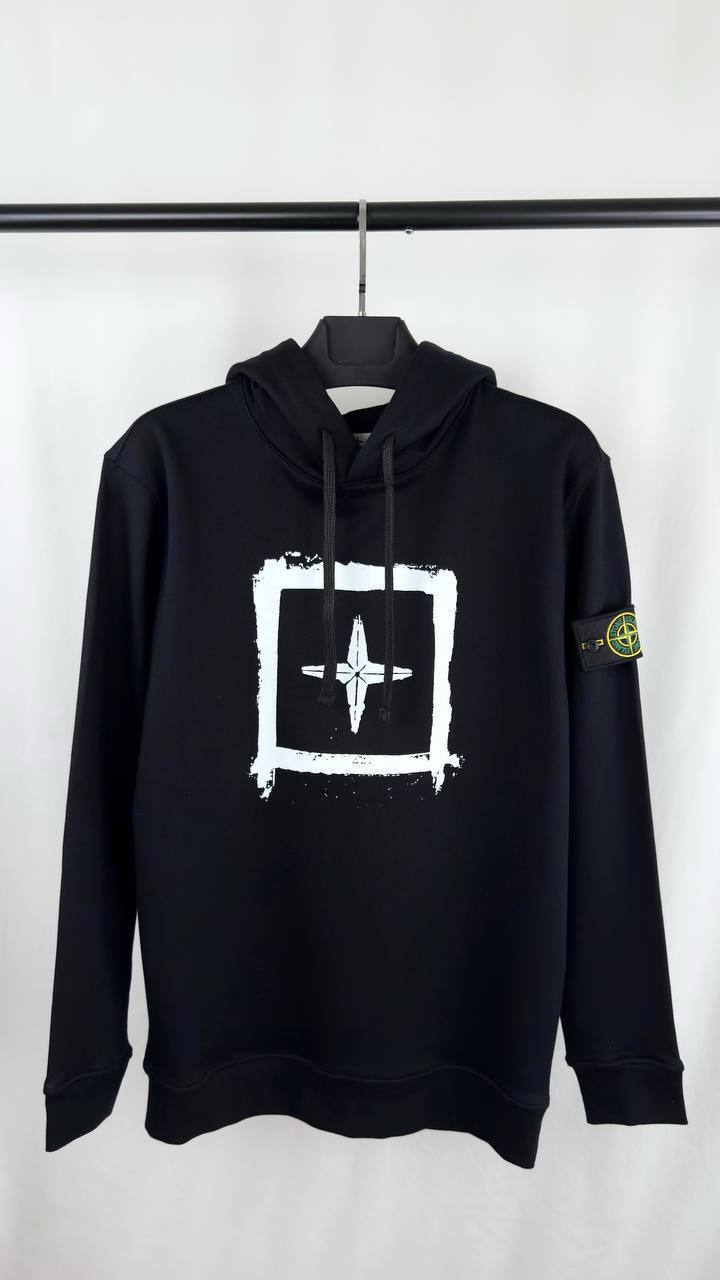 Stone Island Black Stencil Logo Hoodie - Compass Box Print UK Reps AAA Quality