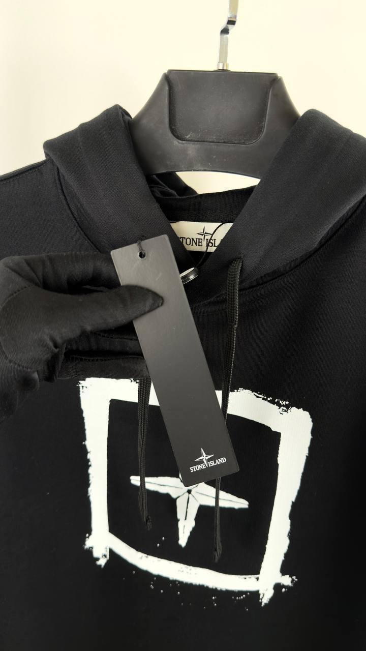 Stone Island Black Stencil Logo Hoodie - Compass Box Print UK Reps AAA Quality