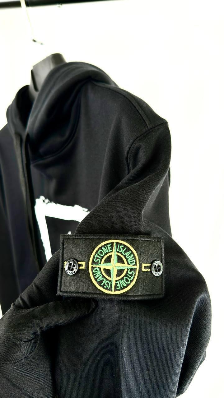 Stone Island Black Stencil Logo Hoodie - Compass Box Print UK Reps AAA Quality