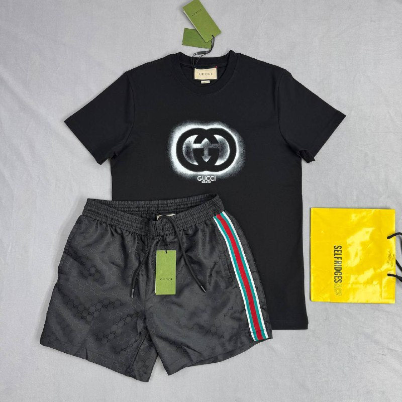 Gucci Men's Interlocking Sprayed GG Logo Tee & Web Stripe Shorts Set AAA Quality Reps UK