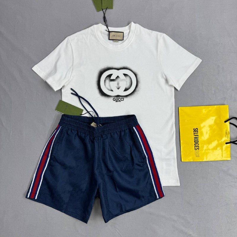 Gucci Men's Interlocking Sprayed GG Logo Tee & Web Stripe Shorts Set AAA Quality Reps UK