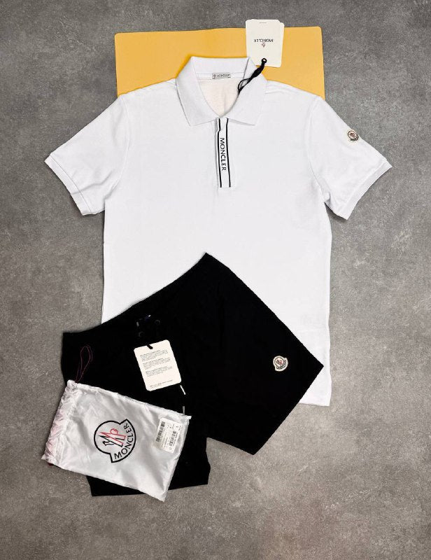 Moncler Men's White Logo Placket Polo and Black Shorts 2-Piece Set AAA Quality Reps UK