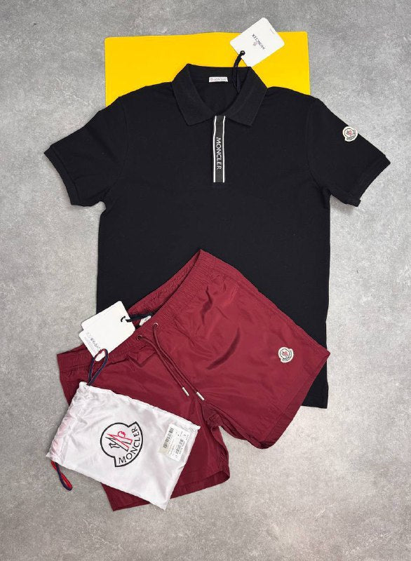 Moncler Men's White Logo Placket Polo and Black Shorts 2-Piece Set AAA Quality Reps UK