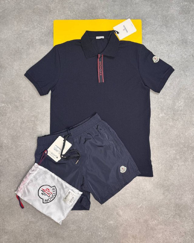Moncler Men's White Logo Placket Polo and Black Shorts 2-Piece Set AAA Quality Reps UK