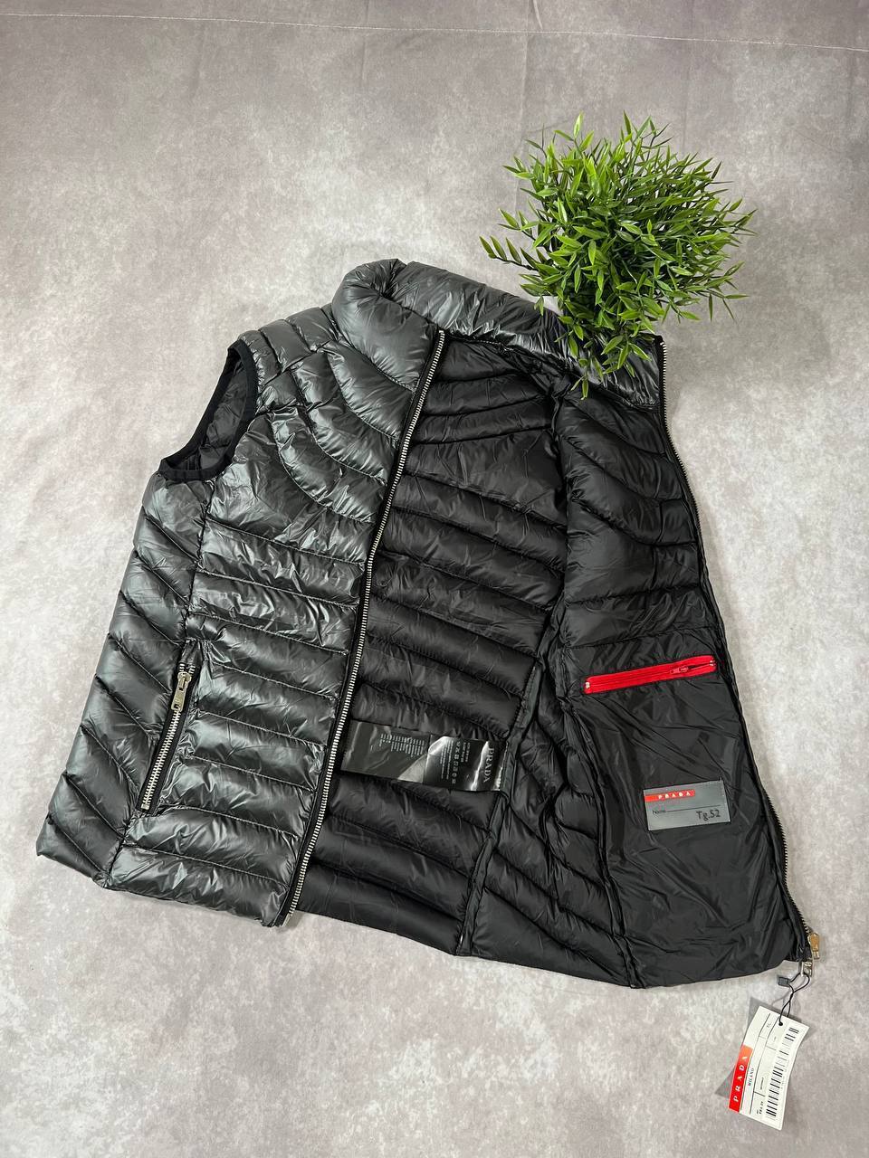 Prada Men's Glossy Black Enamel Triangle Logo Puffer Vest Gilet AAA Quality Reps UK