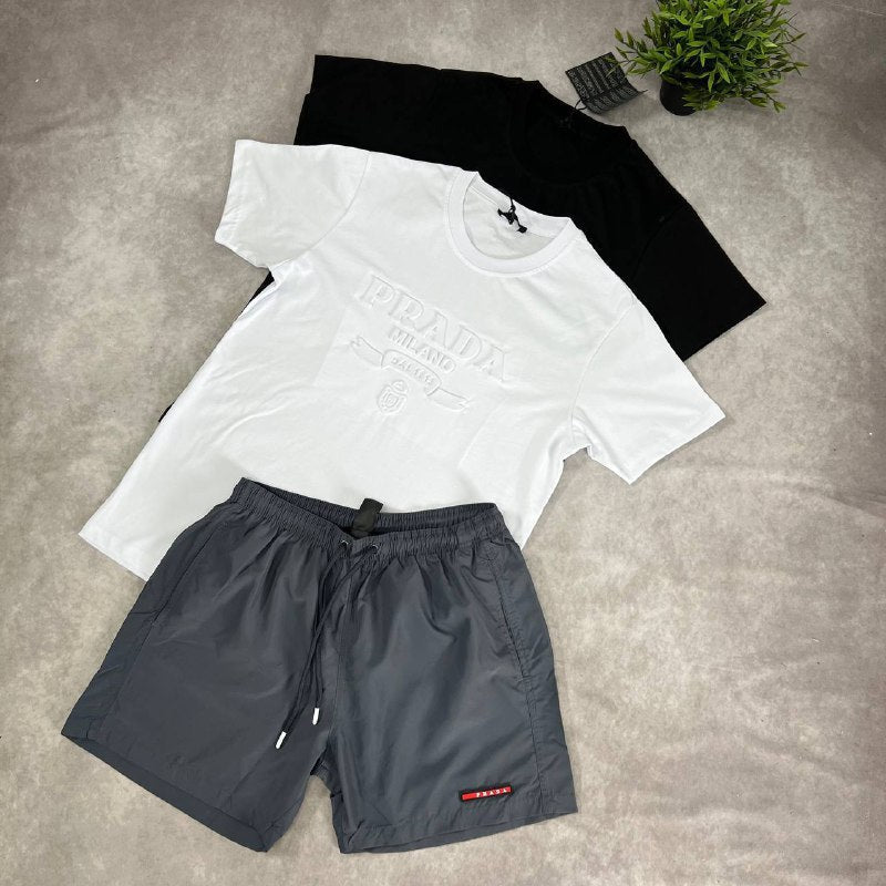 Prada Luxury Casual Summer Set Men's Embossed Logo T-Shirts and Nylon Shorts Combo AAA Quality Reps UK