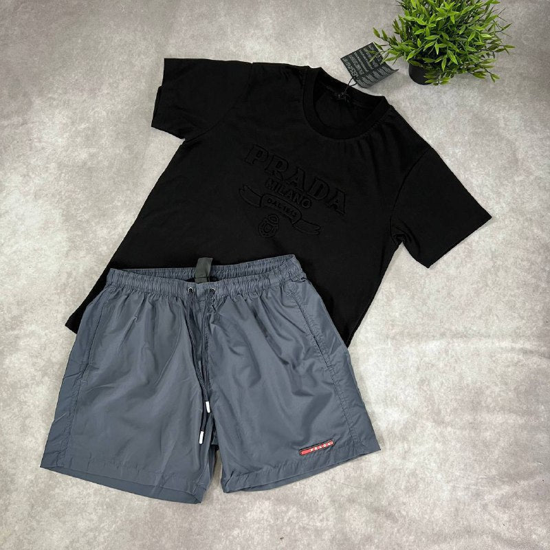Prada Luxury Casual Summer Set Men's Embossed Logo T-Shirts and Nylon Shorts Combo AAA Quality Reps UK