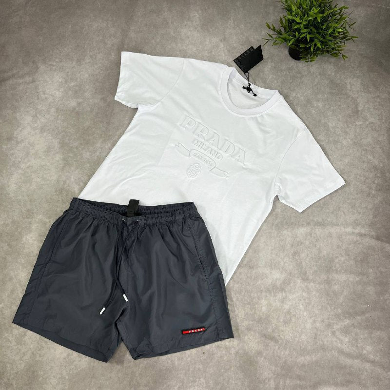 Prada Luxury Casual Summer Set Men's Embossed Logo T-Shirts and Nylon Shorts Combo AAA Quality Reps UK