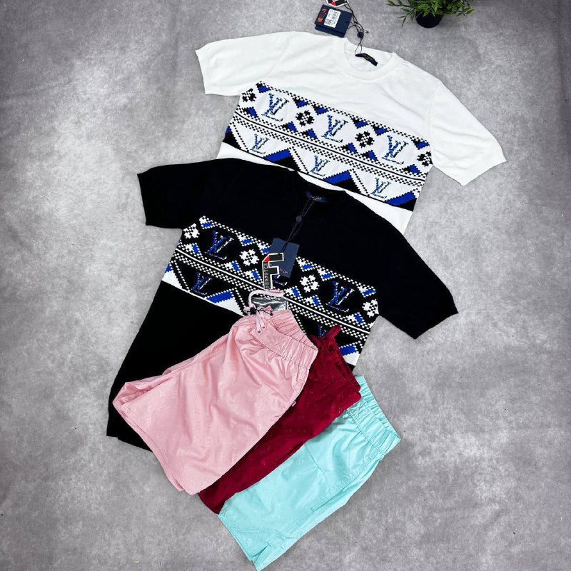 Louis Vuitton Men's Luxury Geometric Monogram Knit T-Shirts and Casual Shorts Set AAA Quality Reps UK