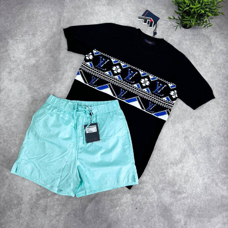 Louis Vuitton Men's Luxury Geometric Monogram Knit T-Shirts and Casual Shorts Set AAA Quality Reps UK