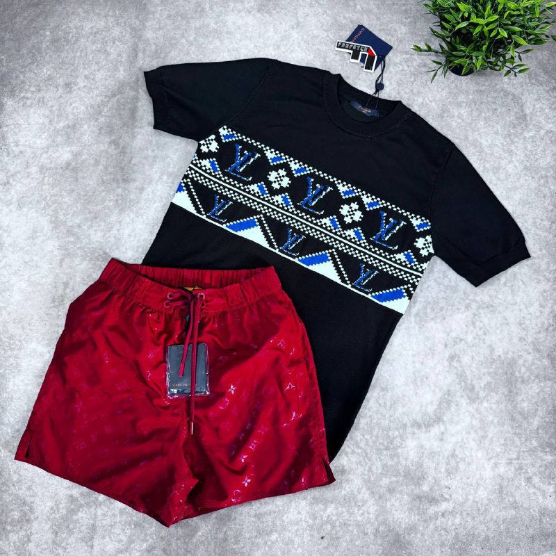 Louis Vuitton Men's Luxury Geometric Monogram Knit T-Shirts and Casual Shorts Set AAA Quality Reps UK