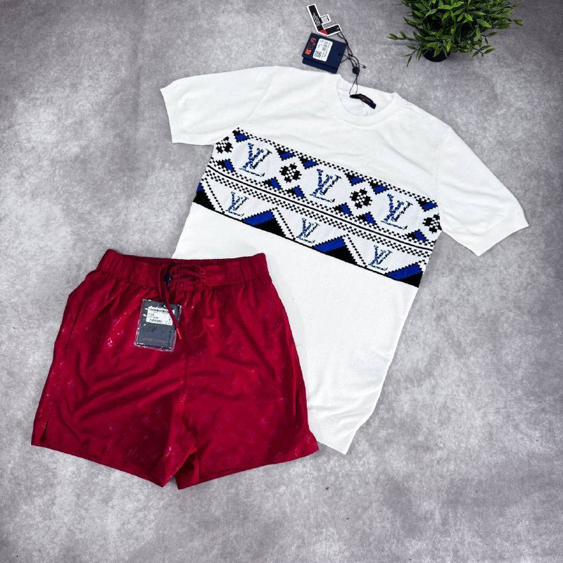Louis Vuitton Men's Luxury Geometric Monogram Knit T-Shirts and Casual Shorts Set AAA Quality Reps UK