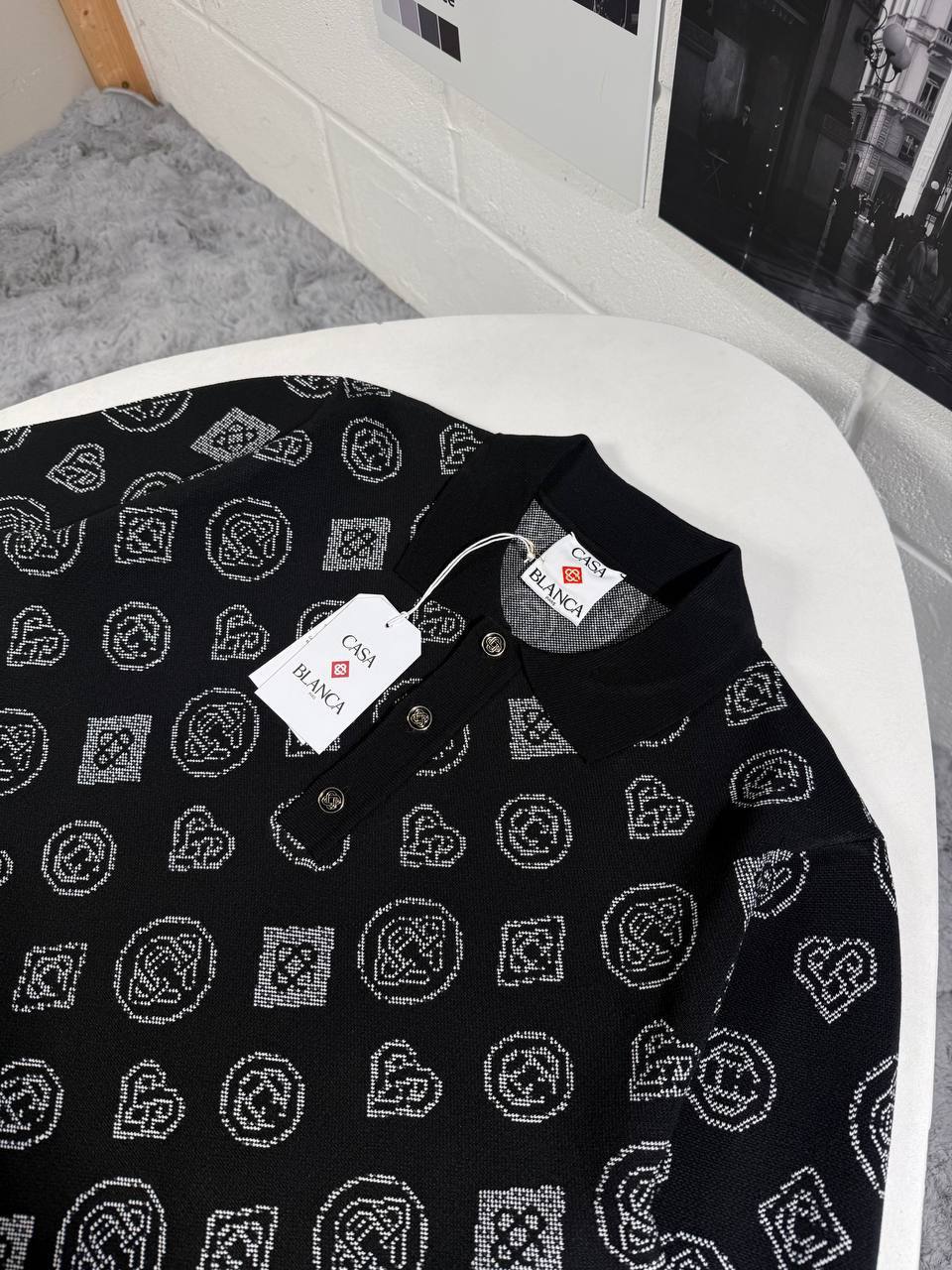 Casablanca Monogram Jacquard Knit Polo Shirt in Black UK Reps AAA Quality