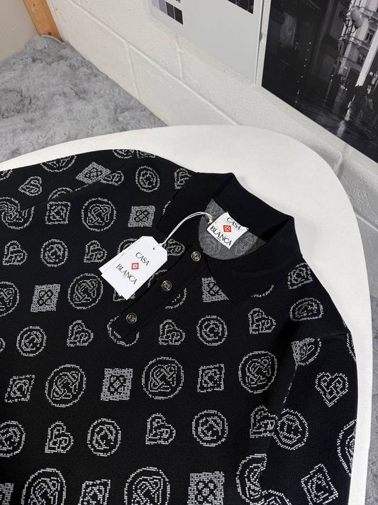 Casablanca Monogram Jacquard Knit Polo Shirt in Black UK Reps AAA Quality