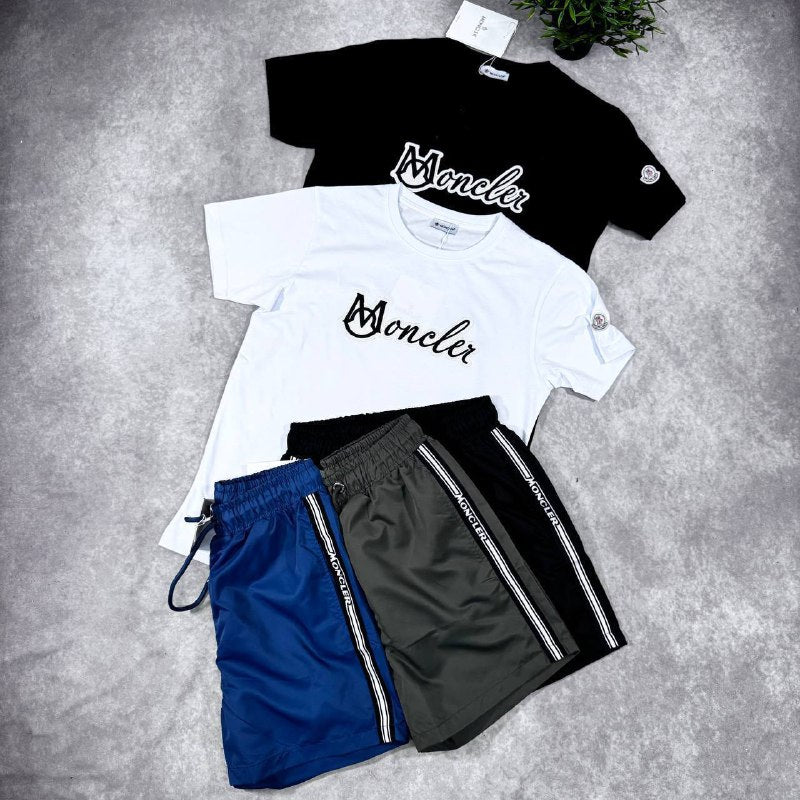 Moncler Men's Script Logo T-Shirts and Stripe Accent Shorts Set AAA Quality Reps UK
