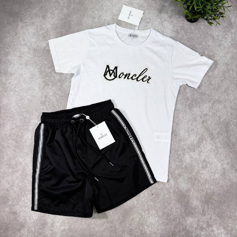 Moncler Men's Script Logo T-Shirts and Stripe Accent Shorts Set AAA Quality Reps UK