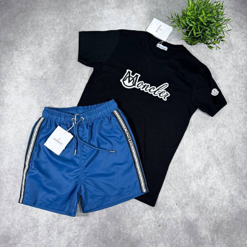 Moncler Men's Script Logo T-Shirts and Stripe Accent Shorts Set AAA Quality Reps UK