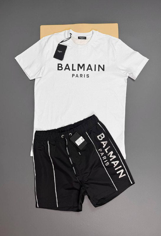 Balmain Paris Men's Luxury Graphic Tee and Shorts Set AAA Quality Reps UK
