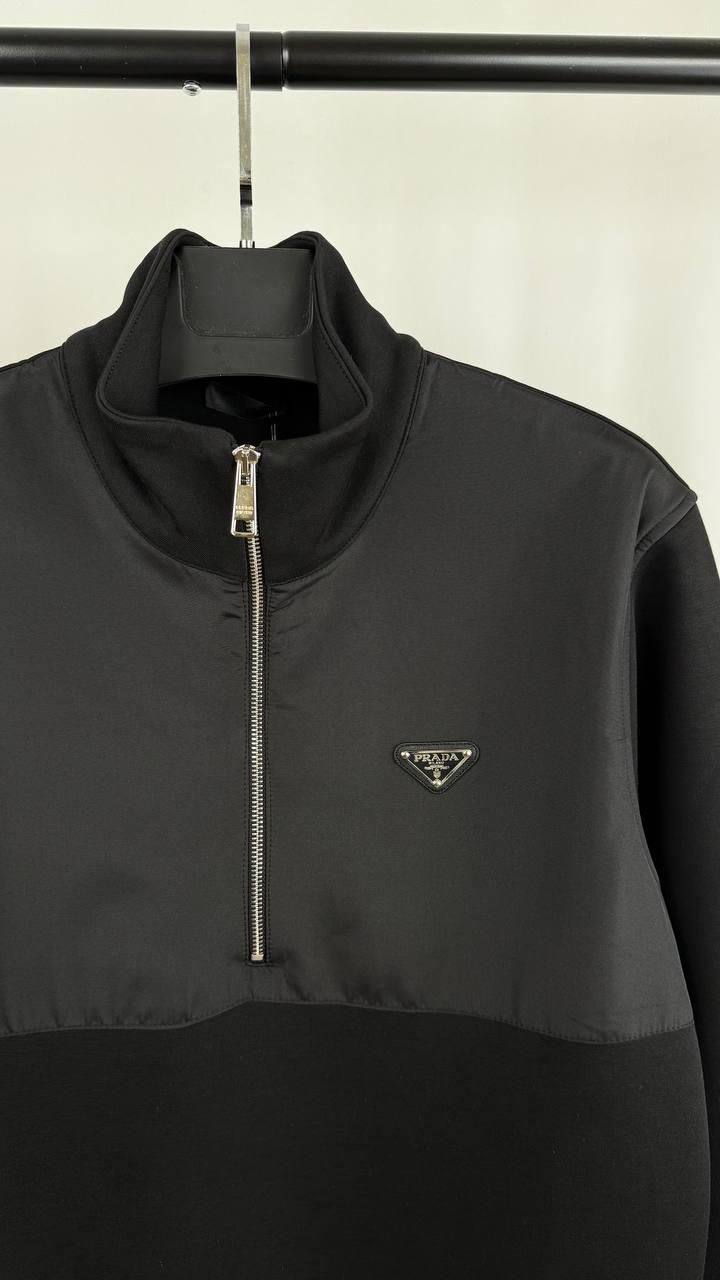 Prada Cotton-Fleece Half-Zipper Sweatshirt with Re-Nylon Details UK AAA Quality