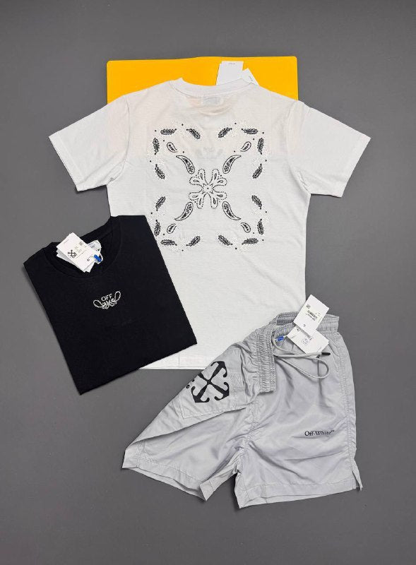 Off-White Men's Luxury Bandana Arrow Urban T-Shirt & Shorts Set Collection AAA Quality Reps UK