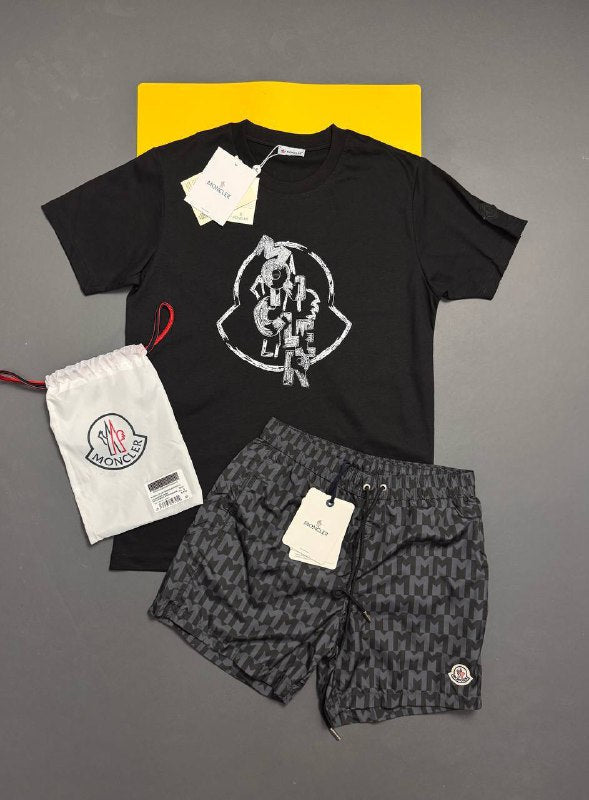 Moncler Men's Luxury Sketch Graphic Tee & Monogram Swim Shorts Set AAA Quality Reps UK