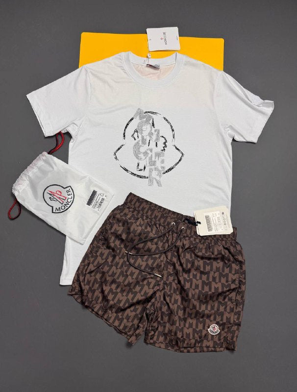 Moncler Men's Luxury Sketch Graphic Tee & Monogram Swim Shorts Set AAA Quality Reps UK