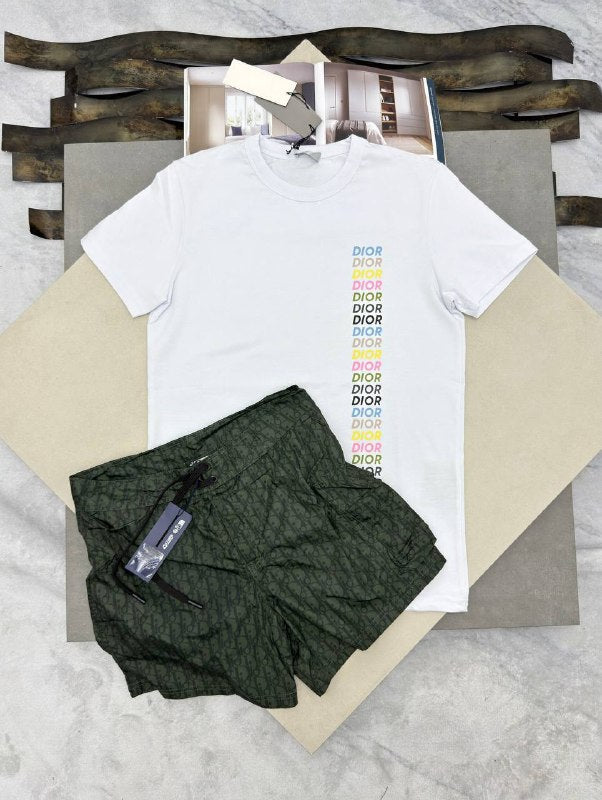 Dior Men's Vertical Multicolor Logo T-Shirt and Oblique Shorts Set AAA Quality Reps UK