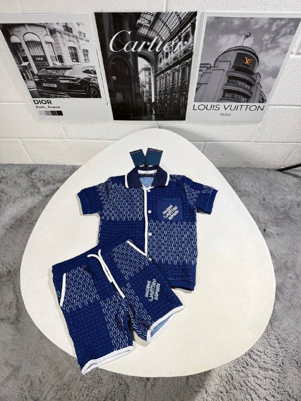 Louis Vuitton Kid's Luxury Damier Jacquard Polo Shirt & Shorts Set AAA Quality Reps UK