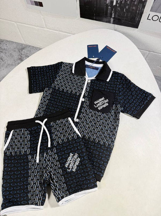 Louis Vuitton Kid's Luxury Damier Jacquard Polo Shirt & Shorts Set AAA Quality Reps UK