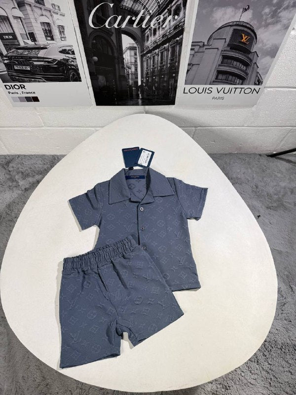 Louis Vuitton Luxury Kids Monogram Button-Down Shirt and Shorts Set AAA Quality Reps UK