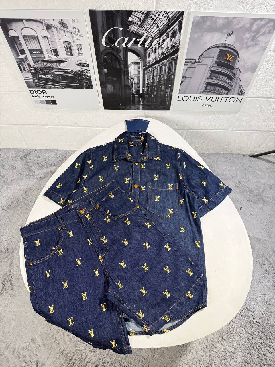 Louis Vuitton Men's Luxury Damier Pop Short-Sleeve Shirt and Shorts Set AAA Quality Reps UK