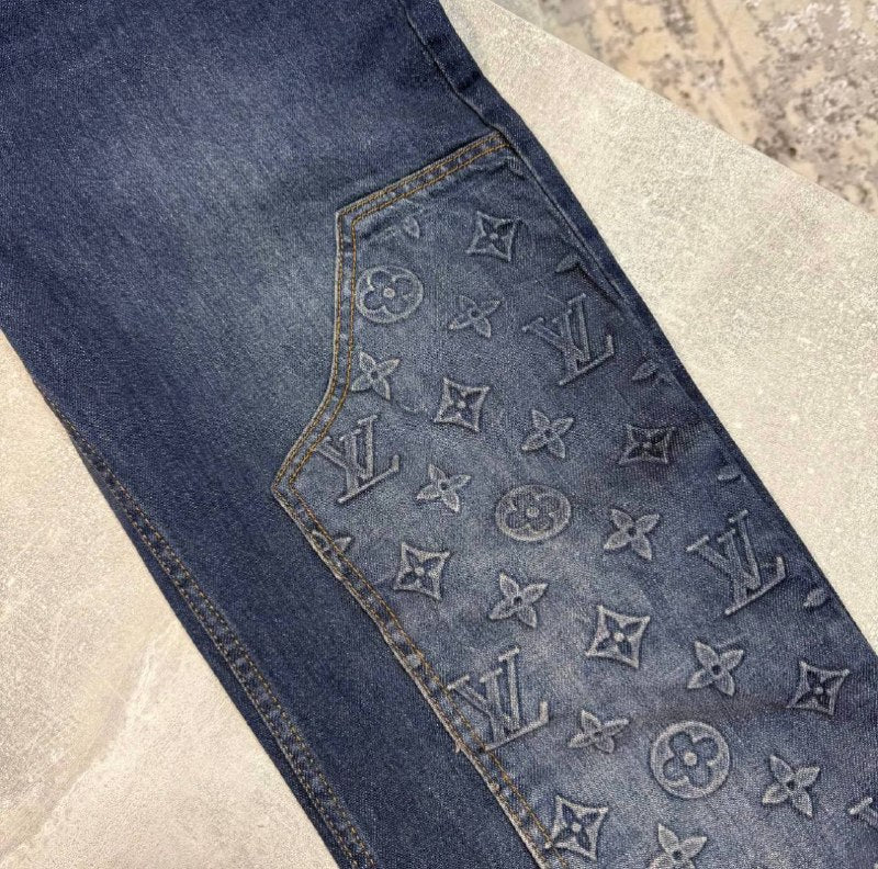 Louis Vuitton Women's Luxury Embossed Panel Dark Wash Straight-Leg Jeans AAA Quality Reps UK